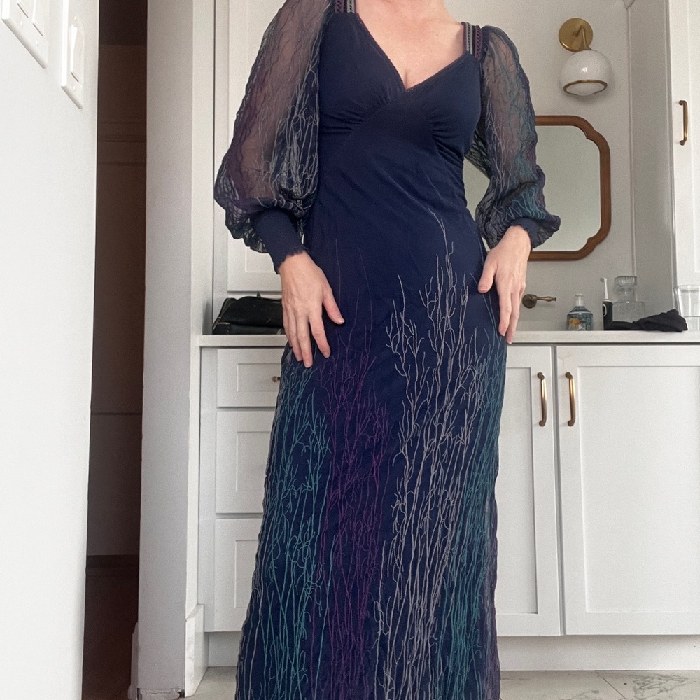 Comfortable Chic Navy Long sheer Sleeve Dress with Sheer Details